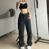 High Waist Straight Jeans Irregular Tie Pocket Cargo Pants