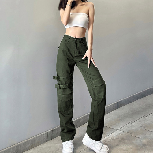 Street Style Dark Green High Waist Adjustable Buckle Tooling Jeans Straight Casual Trousers