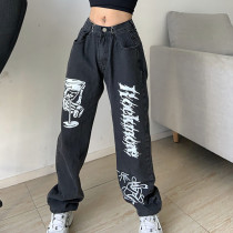 Personality letter print jeans street casual slim loose high waist trousers Personality letter print jeans street casual slim loose high waist trousers