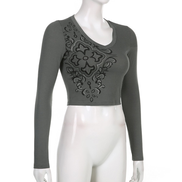 Sexy Skinny Women's Retro Print Hot Drill Long Sleeve Cropped Navel T-Shirt Bottoming Top