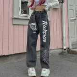 Personality letter print jeans street casual slim loose high waist trousers