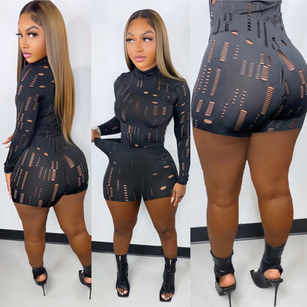 Women's Elastic Shredded Turtleneck Long Sleeve Top Pennies Set