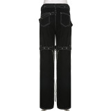 Personality Street Hot Girl Chain Design Jeans Straight Pocket Trousers