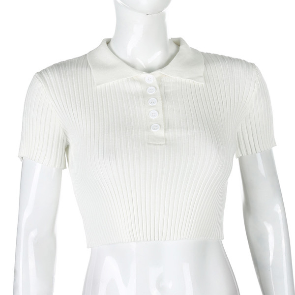 Slim Fit Cropped Sweater New Single Breasted Vintage POLO Collar Crop Top T-Shirt