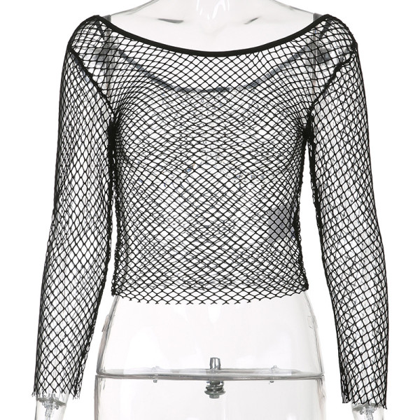 Sexy hollow mesh one-shoulder top hipster tight-fitting long-sleeved blouse