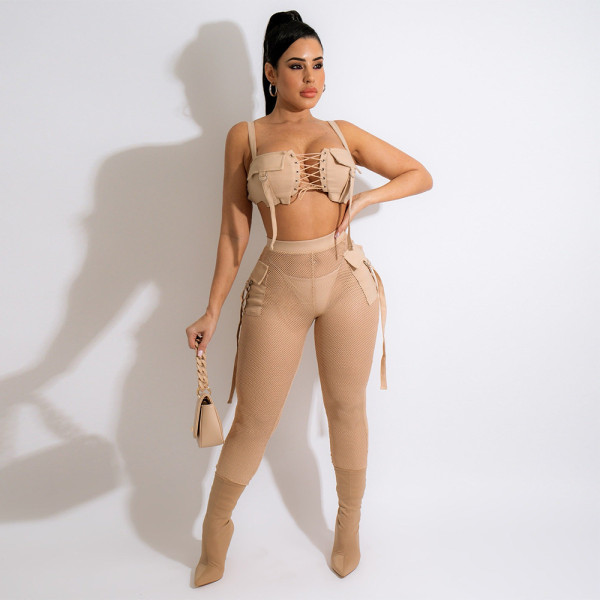 Two-piece set of strapless strapless top and see-through slim pencil pants