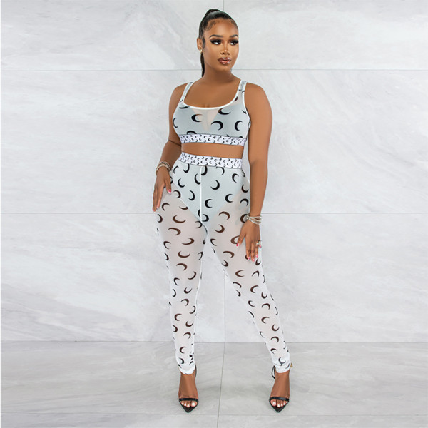 Sexy printed suspender top and see-through slim pencil pants two-piece set for women