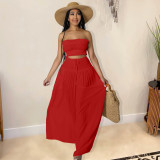 Women's solid color fashion wide leg wrap chest casual two-piece suit