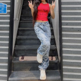 Fashion Personality Letter Patch Straight Jeans Street Hot Girl Loose Straight Casual Pants