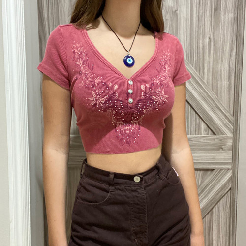 Distressed Retro Butterfly Print T-Shirt Short Tight V-Neck Top Bottoming Shirt Women