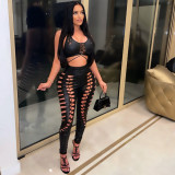 Fashion sexy wrap chest hollow solid color personality nightclub hot tight suit