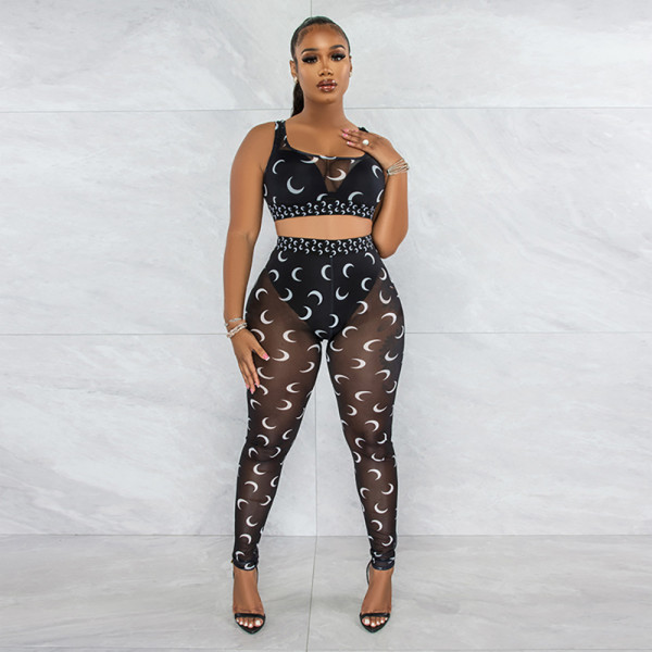 Sexy printed suspender top and see-through slim pencil pants two-piece set for women