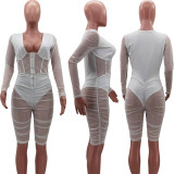 Women's Fashion Mesh Splicing Ruched Wrap Chest Sexy Casual Jumpsuit