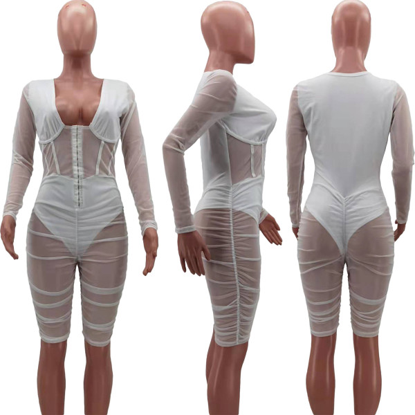 Women's Fashion Mesh Splicing Ruched Wrap Chest Sexy Casual Jumpsuit