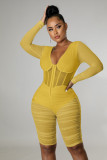 Women's Fashion Mesh Splicing Ruched Wrap Chest Sexy Casual Jumpsuit