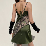 Green leaf print lace stitching suspender skirt light and sexy V-neck open back perspective skirt