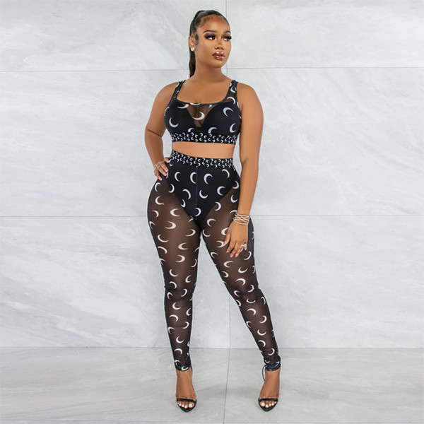 Sexy printed suspender top and see-through slim pencil pants two-piece set for women