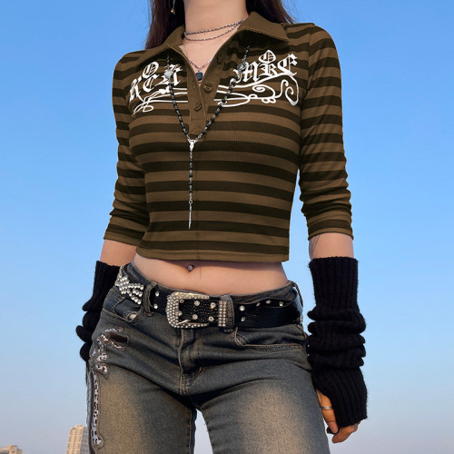 Net red hipster striped print mid-sleeve top Slim short V-neck T-shirt
