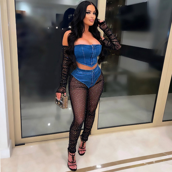 Fashionable and sexy one-shoulder tight-fitting long-sleeved top + pants suit to show your figure
