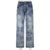 Fashion Personality Letter Patch Straight Jeans Street Hot Girl Loose Straight Casual Pants