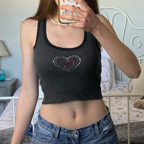 Fashion love hot drill vest personality hot girl sports short navel pullover top women
