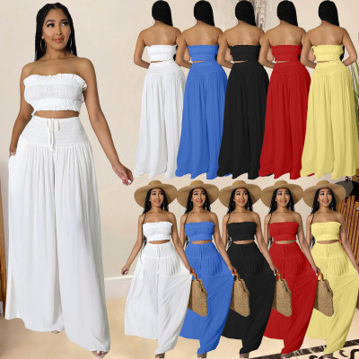 Women's solid color fashion wide leg wrap chest casual two-piece suit