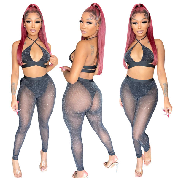 Fashion sexy see-through mesh two-piece set