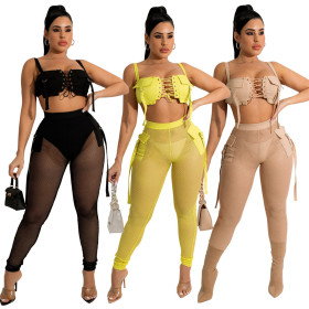 Two-piece set of strapless strapless top and see-through slim pencil pants