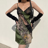 Green leaf print lace stitching suspender skirt light and sexy V-neck open back perspective skirt