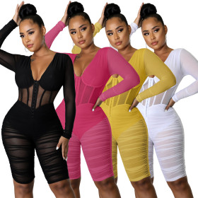 Women's Fashion Mesh Splicing Ruched Wrap Chest Sexy Casual Jumpsuit