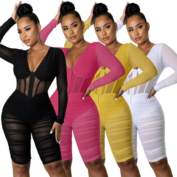 Women's Fashion Mesh Splicing Ruched Wrap Chest Sexy Casual Jumpsuit