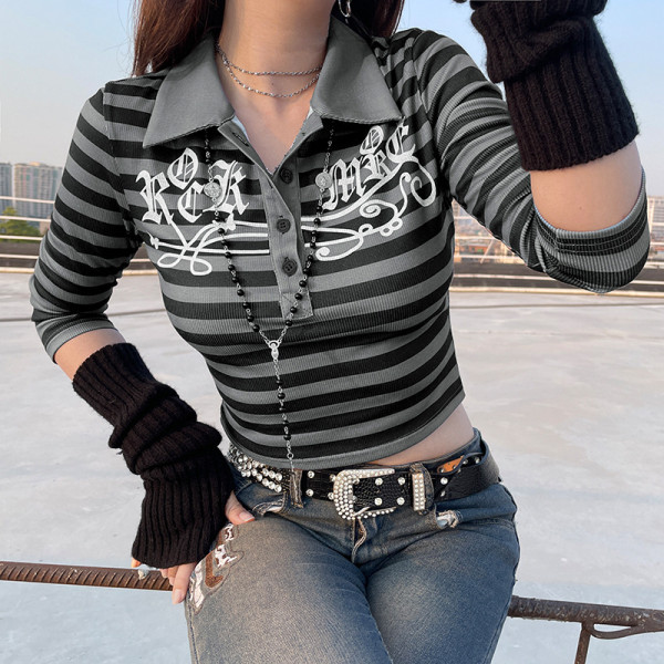Net red hipster striped print mid-sleeve top Slim short V-neck T-shirt
