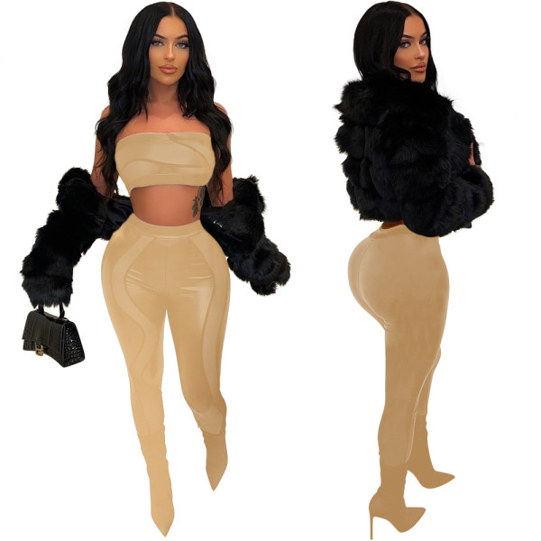 Fashionable sexy wrap top + tight see-through pants two-piece suit is thin