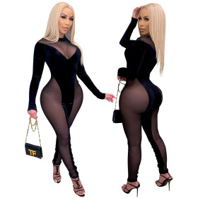 women's sexy see-through stitching mesh jumpsuit