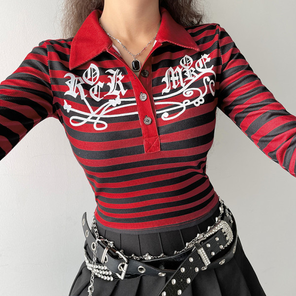 Net red hipster striped print mid-sleeve top Slim short V-neck T-shirt
