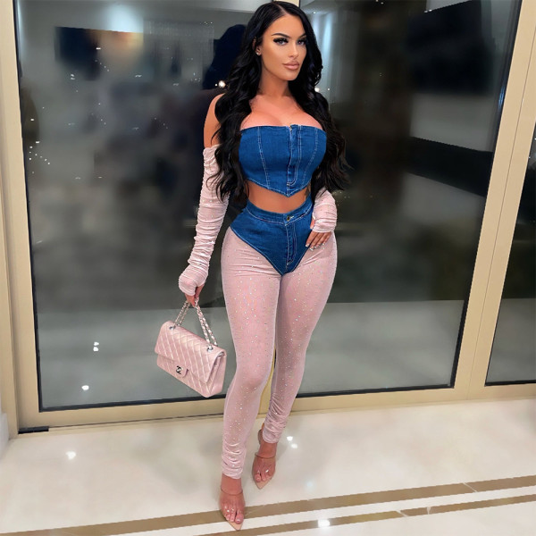 Fashionable and sexy one-shoulder tight-fitting long-sleeved top + pants suit to show your figure