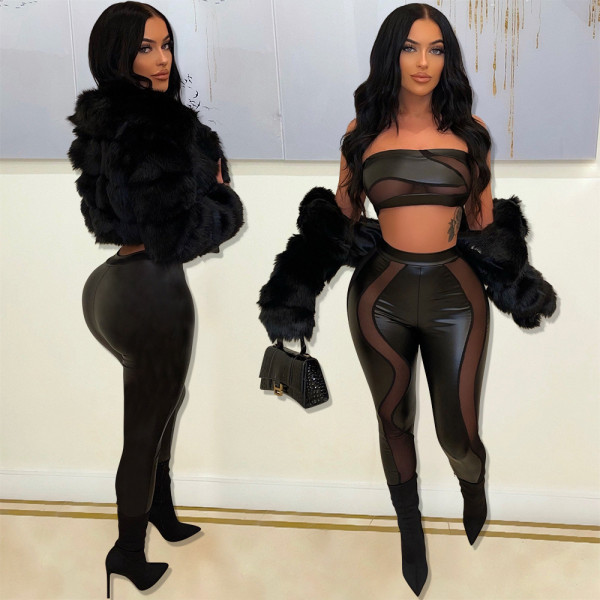 Fashionable sexy wrap top + tight see-through pants two-piece suit is thin
