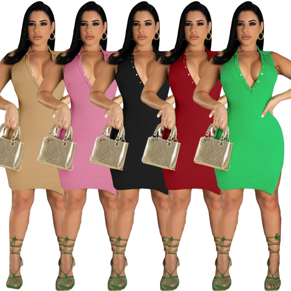 Pit single-breasted V-neck backless sexy dress