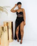 Sexy Women's Solid Color Jacquard Bronzing Sequins + Mesh Sand Pack Hip Dress Skirt