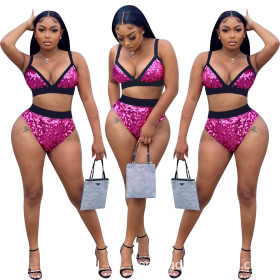 Fashion Sexy Sling Sequins Two Piece Set