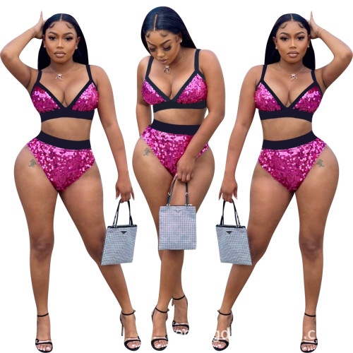 Fashion Sexy Sling Sequins Two Piece Set