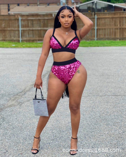 Fashion Sexy Sling Sequins Two Piece Set
