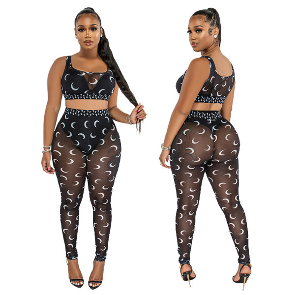 Sexy printed suspender top and see-through slim pencil pants two-piece set for women