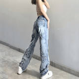Fashion Personality Letter Patch Straight Jeans Street Hot Girl Loose Straight Casual Pants