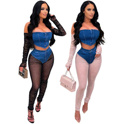 Fashionable and sexy one-shoulder tight-fitting long-sleeved top + pants suit to show your figure