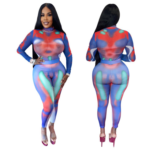 Fashion perspective sports leisure elastic stitching color sexy tight-fitting hip suit