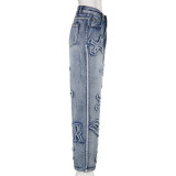Fashion Personality Letter Patch Straight Jeans Street Hot Girl Loose Straight Casual Pants