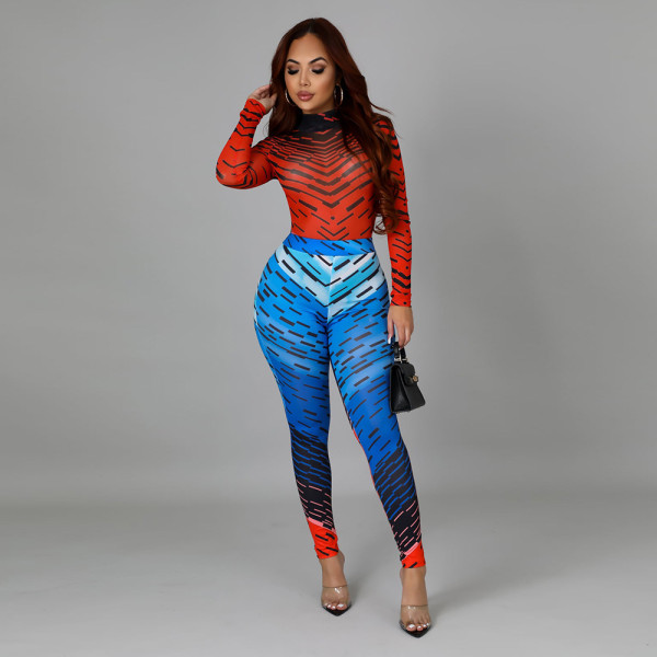 Fashion perspective sports leisure elastic stitching color sexy tight-fitting hip suit