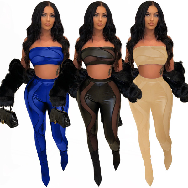 Fashionable sexy wrap top + tight see-through pants two-piece suit is thin