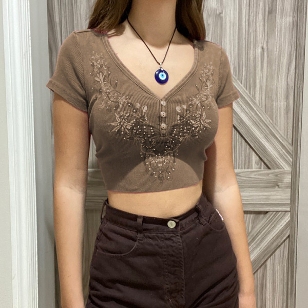 Distressed Retro Butterfly Print T-Shirt Short Tight V-Neck Top Bottoming Shirt Women